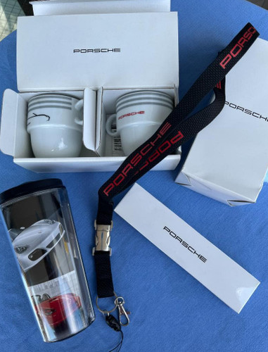 Porsche Boxster Demitasse Cups Set of 2 w/Tumbler Lanyard Dealer Novelty