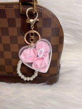 Rose Flower Heart Bag Charm Keychain KeyRing Charm Gold Pearl Strap New Gift