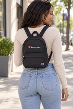 Champion Black Mini Backpack Embroidered Logo Zip Closure, Adjustable Strap