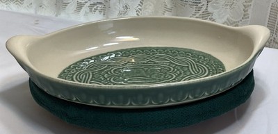 Longaberger Pottery ACO Green Baking Dish W/Bunny & Basket Set, Made In The USA