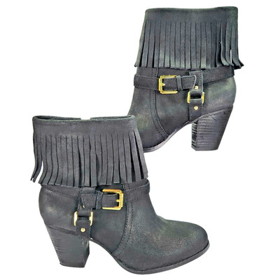 LAUREN RALPH LAUREN MARA Sz 7.5B Black Fringe Gold Buckle Leather Boots Booties