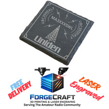 Laser engraved slate coaster - Uniden, antenna tower logo & Your SWL Call Sign