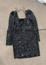 Trixxi Black Sequin Bodycon Mini Dress Square Neck Puff Long Sleeve S