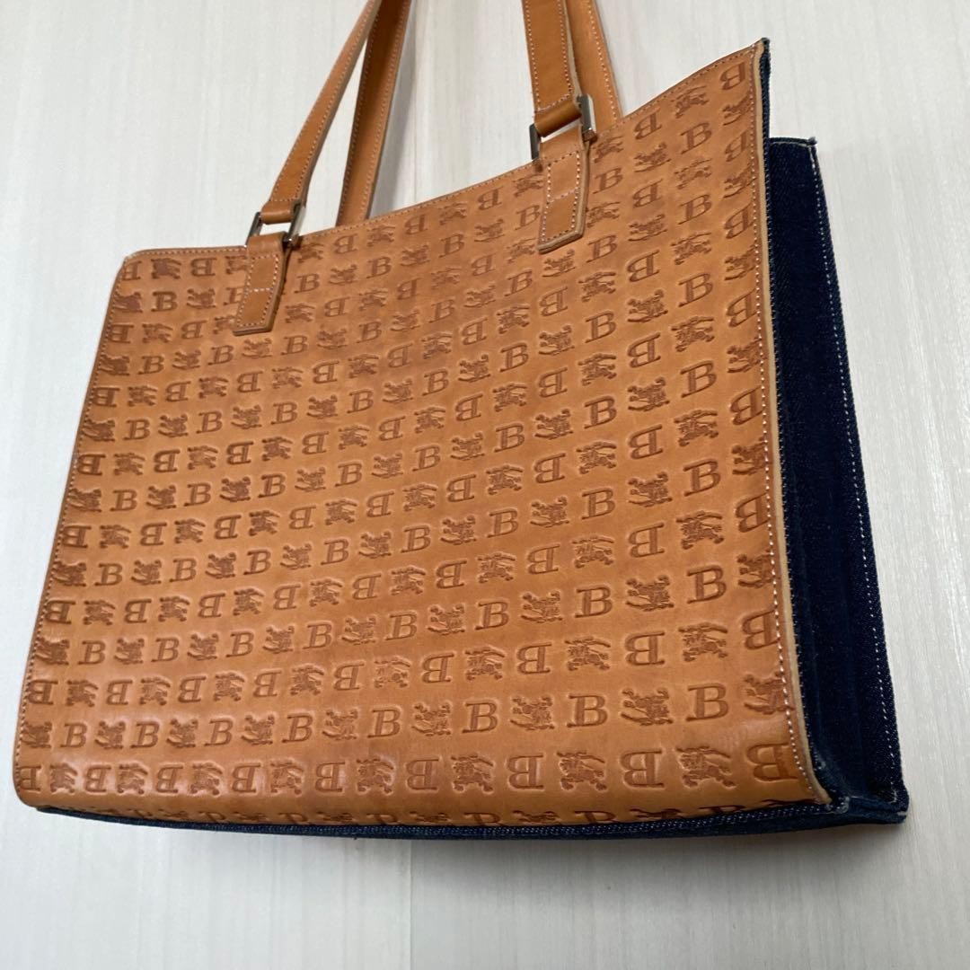Burberry Blue Label Tote Bag Leather Denim Logo Embossed Handbag Black New thumbnail 20