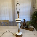 Vintage 1950’s Lamp White Quilted Milk Glass Wood 2 Filigree Brass Bands Large