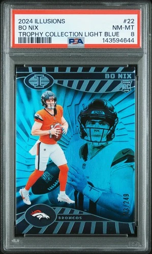 2024 PANINI ILLUSIONS TROPHY COLL LIGHT BLUE #22 BO NIX ROOKIE RC 173/249 PSA 8