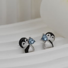Cute Little Penguin Holding Blue Heart Stud Earrings Exquisite Birthday