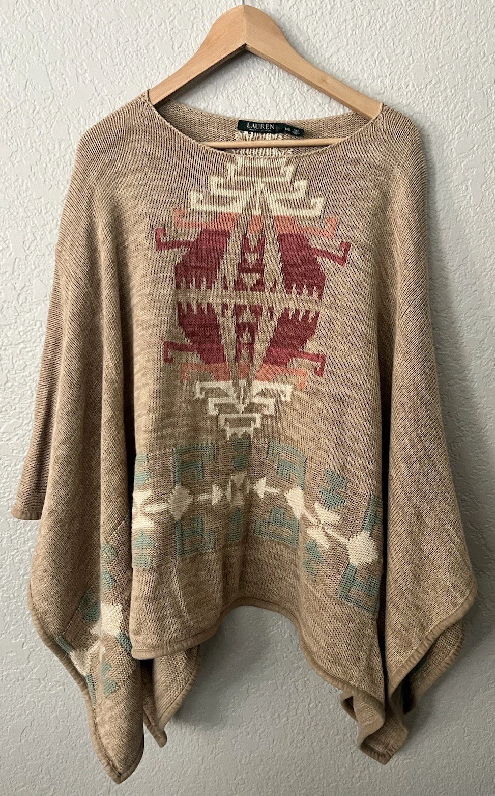 Ralph Lauren Southwest Western Poncho Sweater Size L/XL Cotton Linen Blend