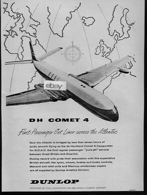  BOAC 1958 DE HAVILLAND COMET 4 JETLINER WITH DUNLOP WHEELS-TIRES-BRAKES AD