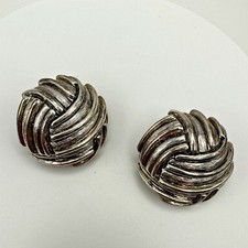 Vintage 90s Silver-Tone OSCAR  Clip-On Earrings Basket Woven Knot Button Jewelry