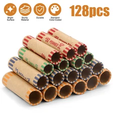 128pcs Assorted Preformed Coin Wrappers Rolls, Change Paper Rolls Wrapping Tubes