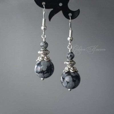 Natural Snowflake Obsidian Black Gray Dots Earrings 925 Sterling Silver Hooks
