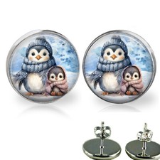 Watercolor Art Print Penguin Mom Baby Penguin Stud Earrings Hypoallergenic