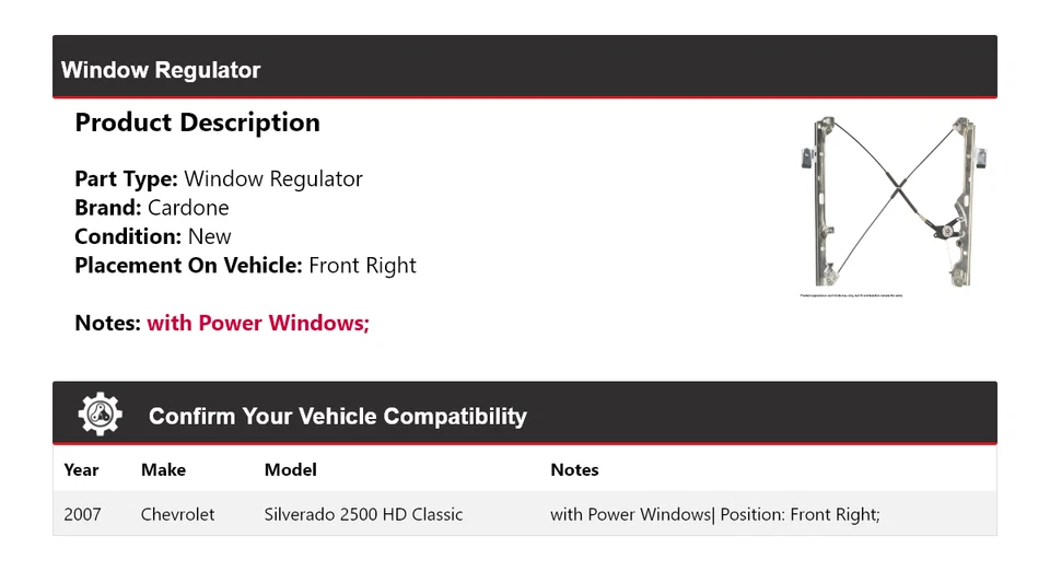 Regulador de ventana clásico para Chevrolet Silverado 2500 HD 2007 para cardone derecho Foto 2 de 4