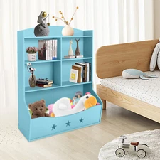 Toy Chest Kids Cabinet Freestanding Storage Organizer Bookcase w/ Drawer Blue US