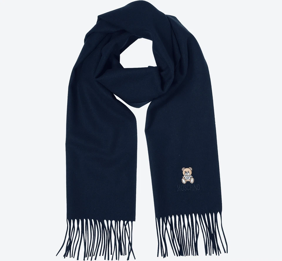 Moschino Teddy Bear Designer 100% Merino Wool Scarf Navy Blue Made In Italy - Image 4 of 4