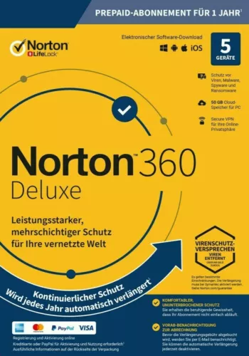 NORTON 360 Deluxe 2025 5 Geräte 1 Jahr 50GB Cloud ABO EMAIL SOFORT