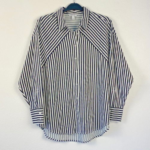 NWT Nine West Women's Striped Boyfriend Shirt Long Sleeve Rayon Sz L Black/White