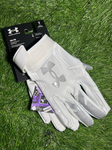 UA Under Armour F8 Football Gloves Womens Large Her-Turf Glue Grip White Silver
