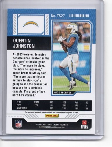 Camiseta deportiva Quentin Johnston 2023 Panini Contenders boleto de novato reliquia - Imagen 2 de 3