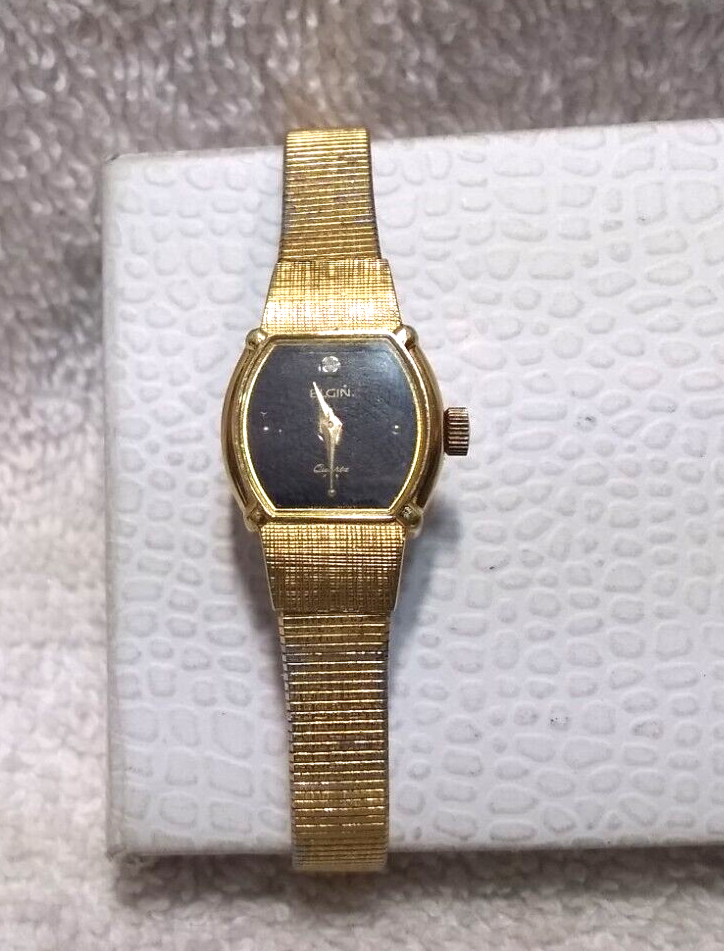 Elgin Gold Dress Watch Quartz Diamond Black Dial EK228 New Bat