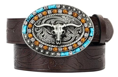 Men Women Western Cowboy Belt PU Suitable waisted 25" 30" Turquoise coffee