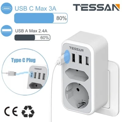 Tessan Mehrfachsteckdose USB C Steckdosenadapter 2 Fach mit 4 USB Netzstecker