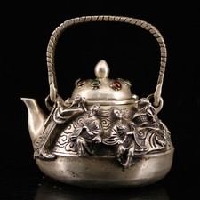 Collectible China Old white copper inlaid gem handmade eight immortals wine pot