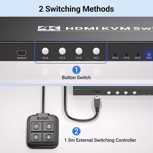 HDMI KVM Switch 1 Monitor 4 Computers, USB 3.0 4K60Hz 4 Port HDMI KVM Switch for - 第 2/7 張圖片
