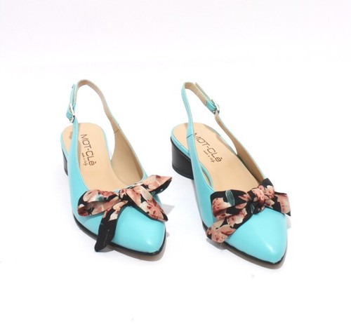 MOT-CLe 871b Aquamarine Leather Pointy Slingbacks Heel Bow Sandals 36.5 / US 6.5 - Picture 2 of 8