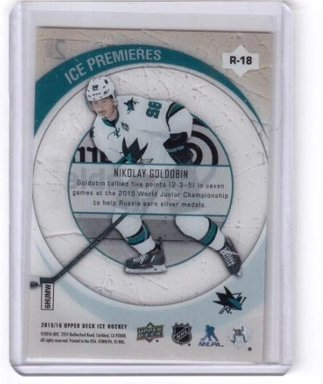 2015-16 Upper Deck Ice Ice Premieres R-18 Nikolay Goldobin San Jose Sharks /799 - Image 2 of 2