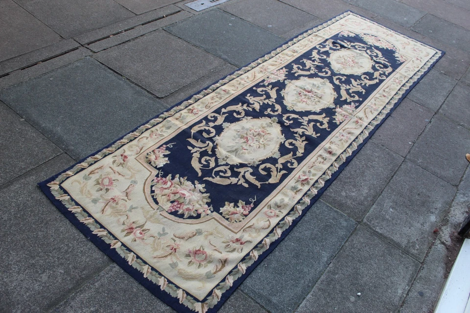 Vintage Main Fabriqué Français Design Laine Bleu Marine Original Aubusson Chemin - Photo 2/4
