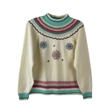 VTG Koret Christmas Sweater Ivory Pastel Fair Isle Embroidered Snowflakes Soft L
