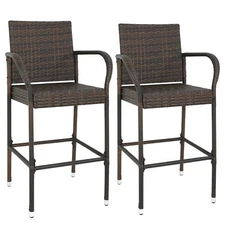 2PCS Wicker Bar Stool Outdoor Backyard Patio Furniture Chair Rattan with Armrest