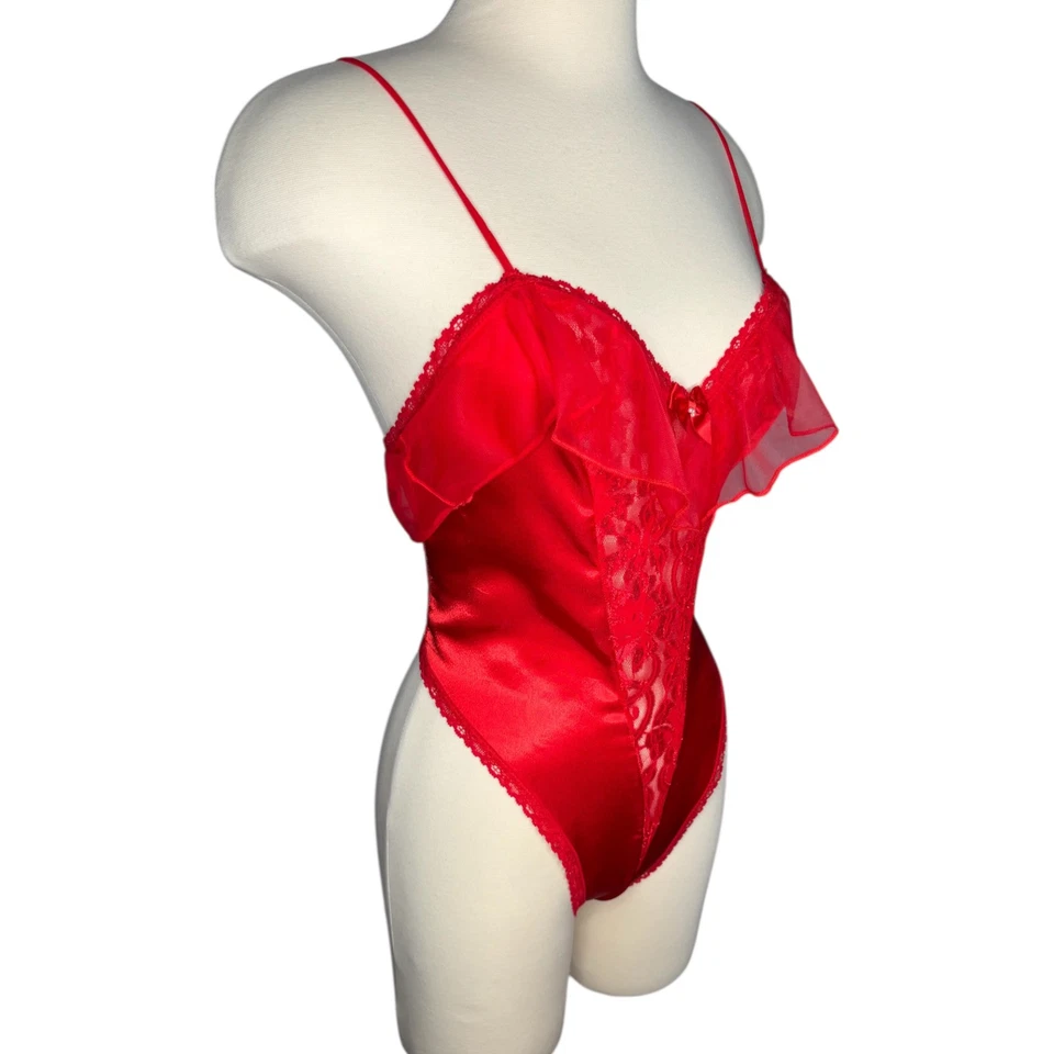 Body de peluche vintage Linea Donatella rojo satinado encaje lencería talla mediana Foto 4 de 4