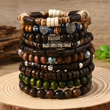 10pcs Bracelet Multi-layer Elastic String For Men Retro Bracelet Wooden Bead