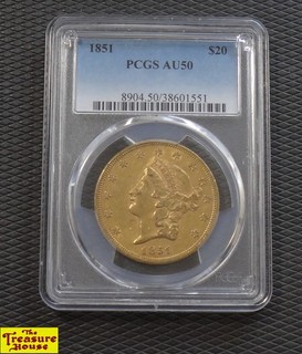 1851 PCGS AU 50 Liberty Head Double Eagle G$20 USD Twenty Dollars 90% Gold Coin