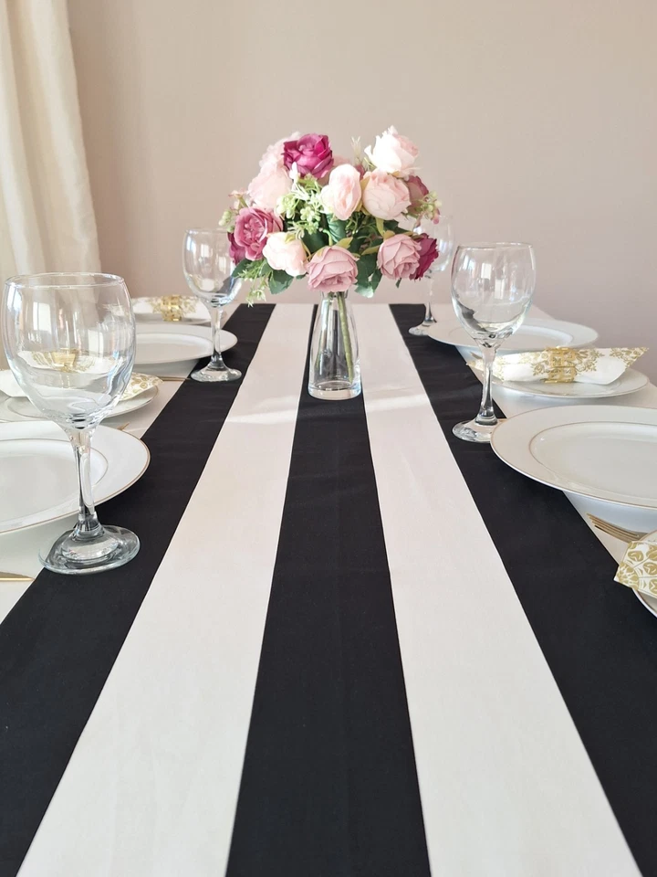 Table runner - Wide black & white stripe for events with French flair. Cotton. - Image 3 of 4