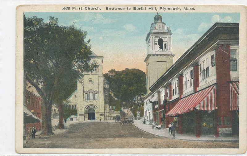 MA PLYMOUTH - FIRST CHURCH ENTRANCE TO BURIAL HILL 1921 postcard