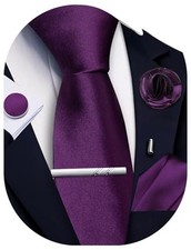 Solid Color Ties for Men Silk Satin Necktie and Pocket Square Cufflinks Plum