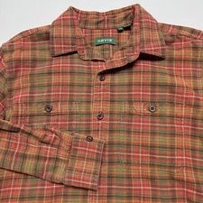 Orvis Shirt Mens Medium Orange Red Plaid Perfect Flannel 100% Cotton Button Up