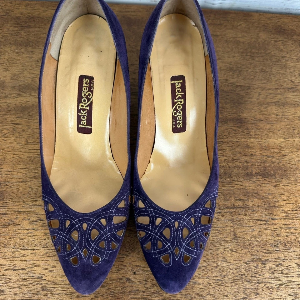 Womens VTG Jack Rogers Purple Suede Cutout 2" Kitten Heel Pumps Party Formal 6.5 - Image 4 of 4