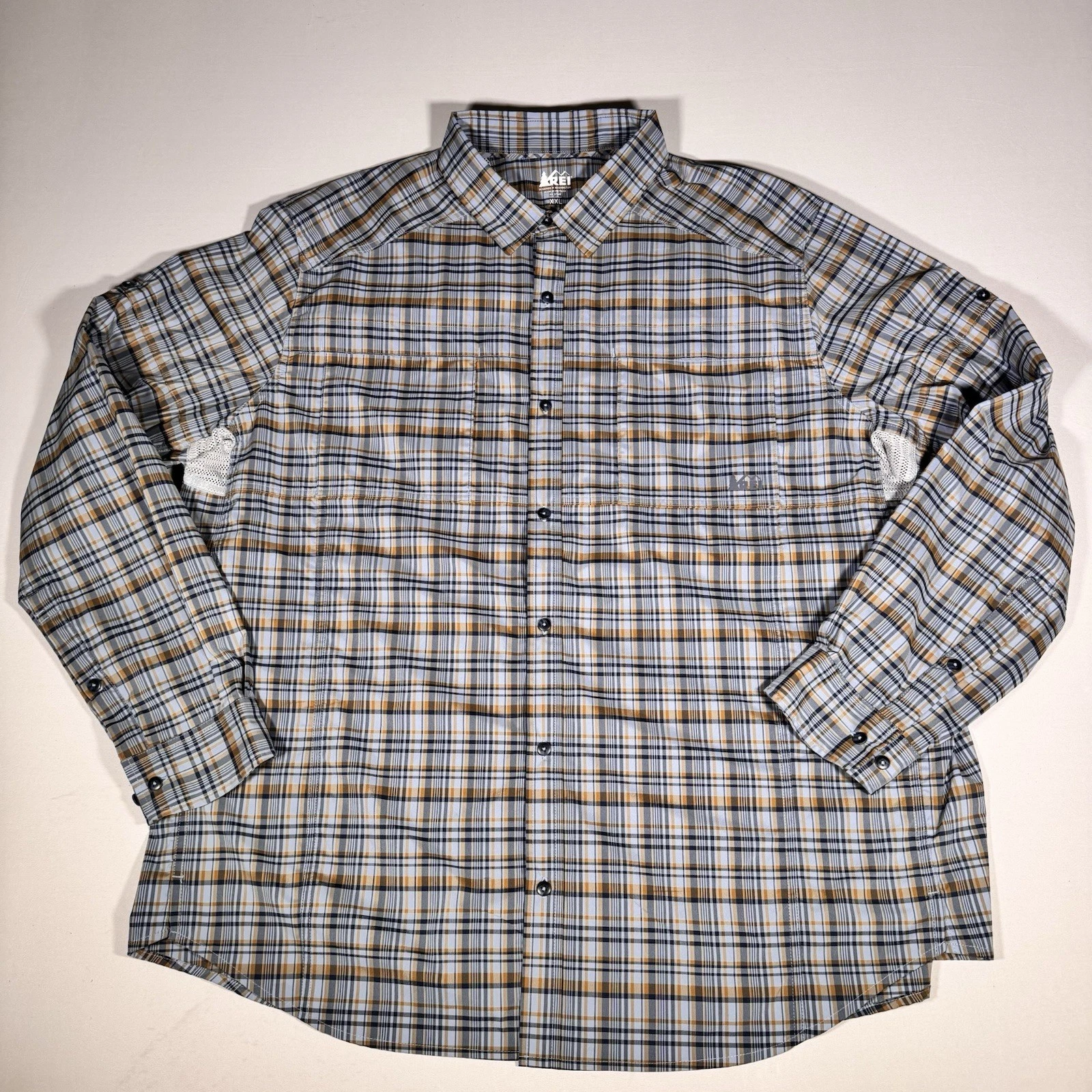 REI Men’s Blue Plaid Long Sleeve Hiking Shirt Size 2XL Vented Stretch Outdoor