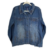 Denim Co Womens Sz L Blue Denim Jacket Floral Embroidered Beaded Trucker