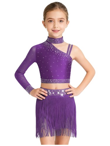Kids Girls Costume Long Sleeve Dress Practice Outfits Crop Top Dancewear Shiny - Picture 41 of 68
