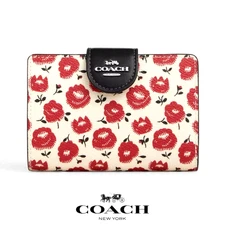 COACH CBO38 Medium Corner Zip Wallet W/ Floral Print Silver/Chalk/Black/Red🎀NEW