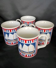 Set of 4 VTG Curzon Sailboat Coffee Mugs White Blue & Red Nautical Striped EUC