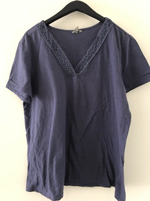 GIADA Damen Shirt Kurzarm Gr. 46 Marineblau mit Häkelspitze am Ausschnitt