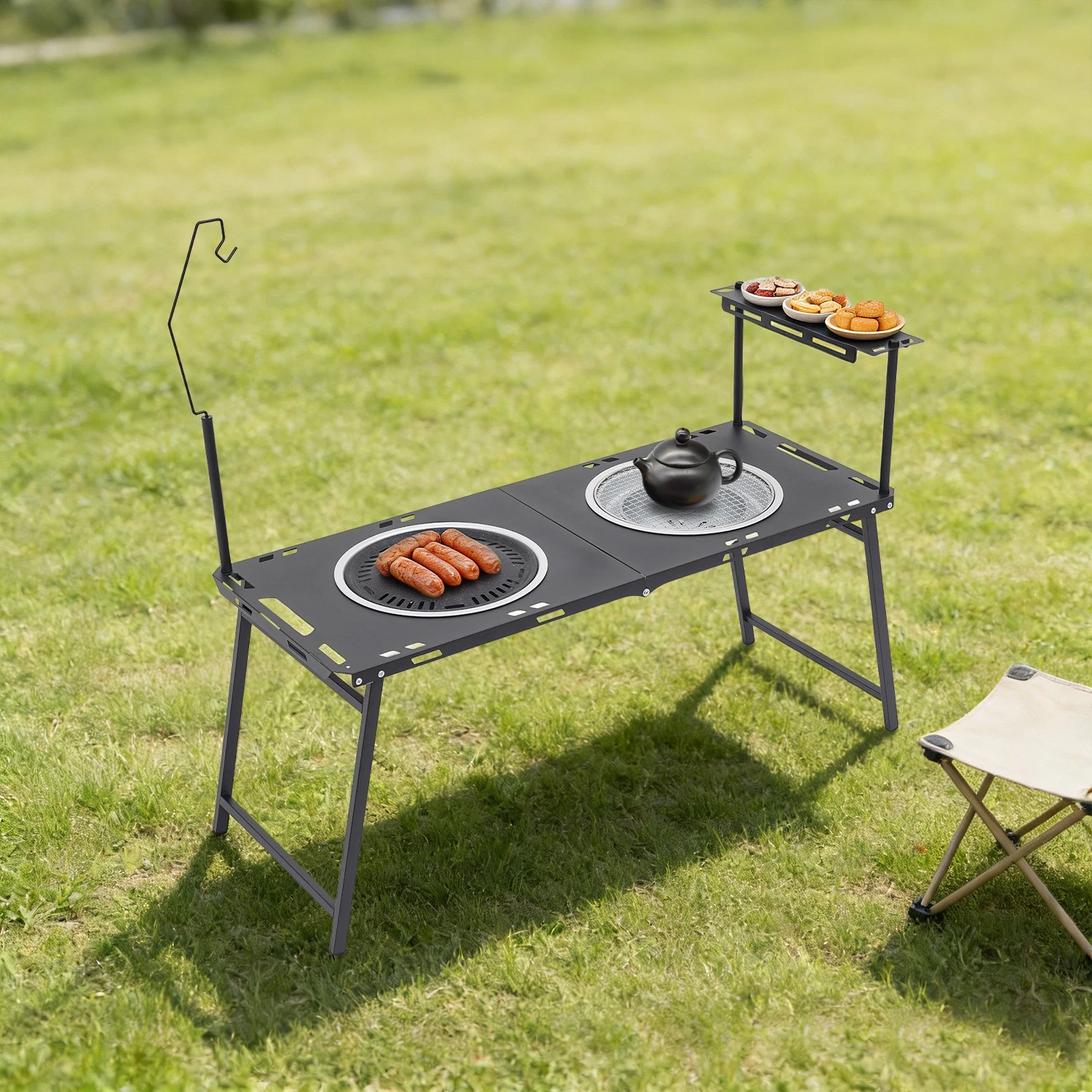 Camping Kitchen Table Folding Portable Grill Table 2*Grill Racks BBQ Table