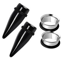 2 Pairs Black Acrylic Ear Tapers and 316L Stainless Steel Gauge:3/5" 15mm